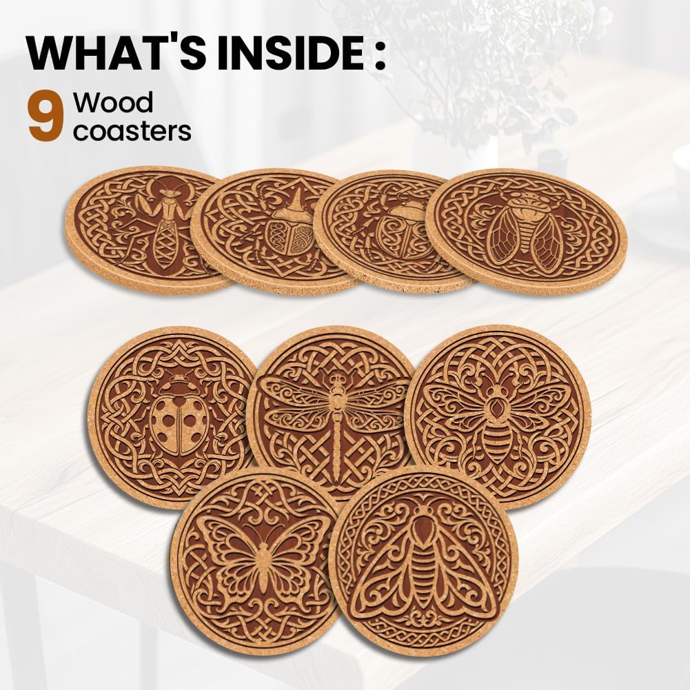 Coasters Pattern Colorful Wooden Coasters Bulk Round Housewarming Gift / Celtic Knots / Set of 9