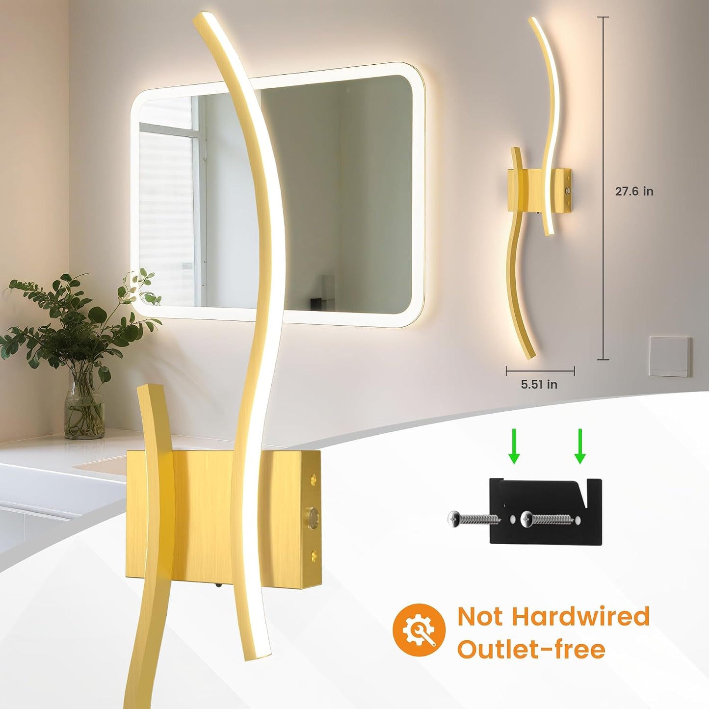 VOLISUN Battery Operated Wall Sconces Set of Two, 27.6 inch Wireless Wall Sconces, 3000K-6500K Dimmable Wall Lamps with