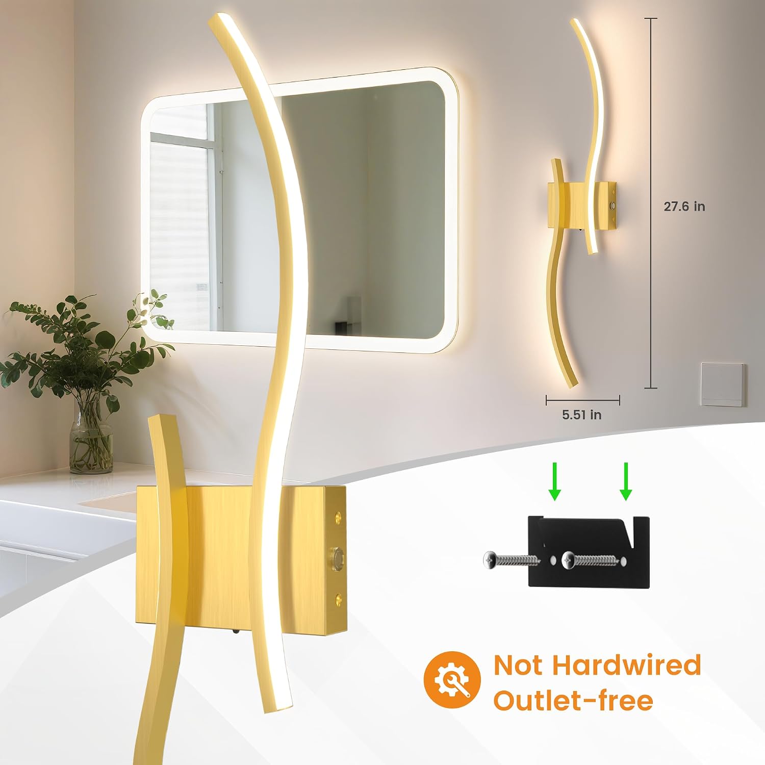 VOLISUN Battery Operated Wall Sconces Set of Two, 27.6 inch Wireless Wall Sconces, 3000K-6500K Dimmable Wall Lamps with