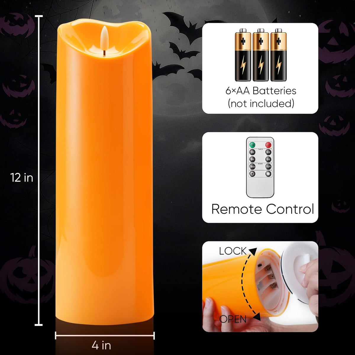 Homemory 4"x12" Halloween Orange Flameless Candles, Fall Candles, Outdoor Waterproof Flameless Candles with Remote and
