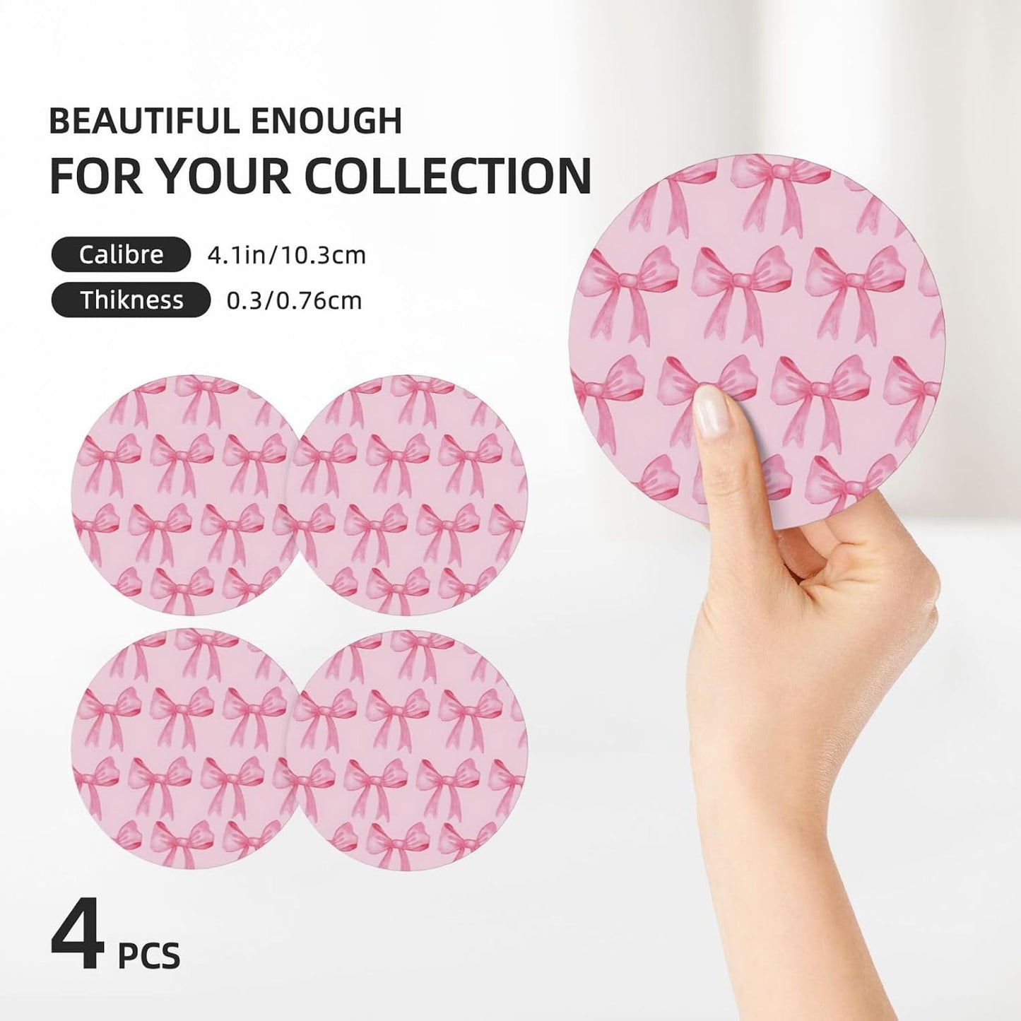 Ceramic Cork Base Coasters Set Decorative 4.1""- Pink Bow / Pink Bow 2 / Set of 4