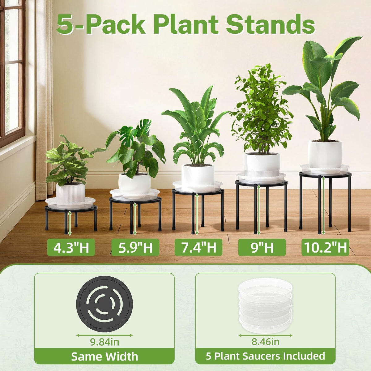 iDavosic.ly 5-Pack Metal Plant Stands with 5 Plant Saucer Tray, 10 In Black | Flower Pot Holder, Heavy Duty Iron Stool
