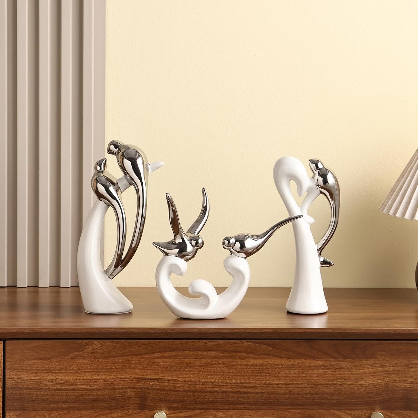 Ceramic Statues / White and Silver / Set of 3