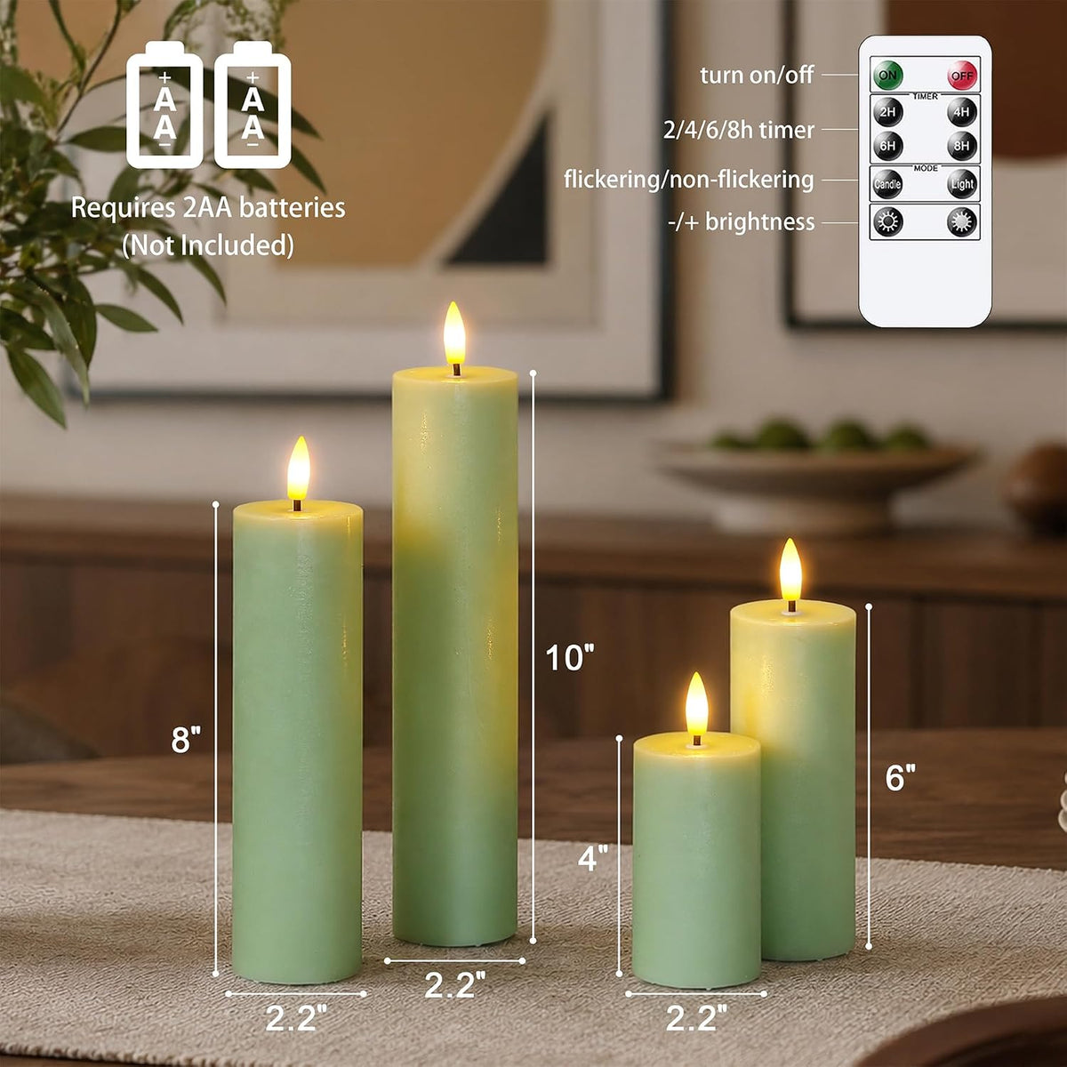 Flickering Flameless Pillar Candles with Remote Control and Cycle Timer,Sage Green Pack of 4 Battery Operated(Powered