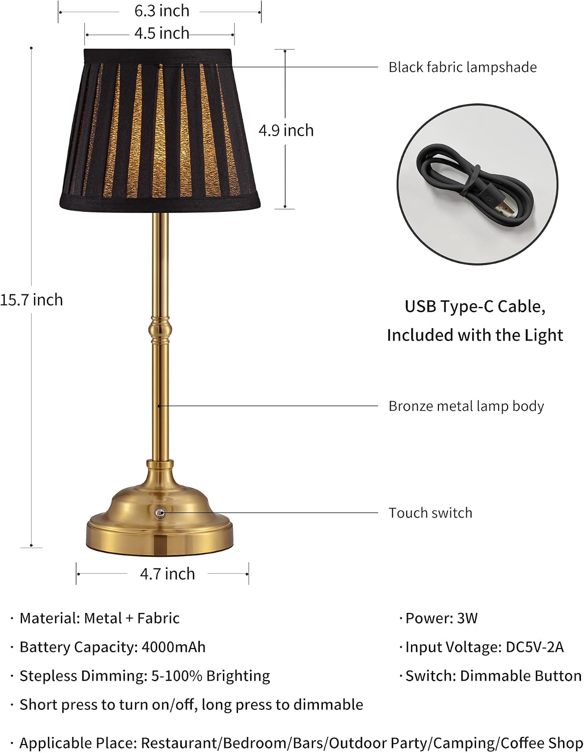 KDG Gold Cordless LED Table Lamps Set of 2, Black Fabric Shade Desk Lamps | Portable 4000mAh Rechargeable Battery