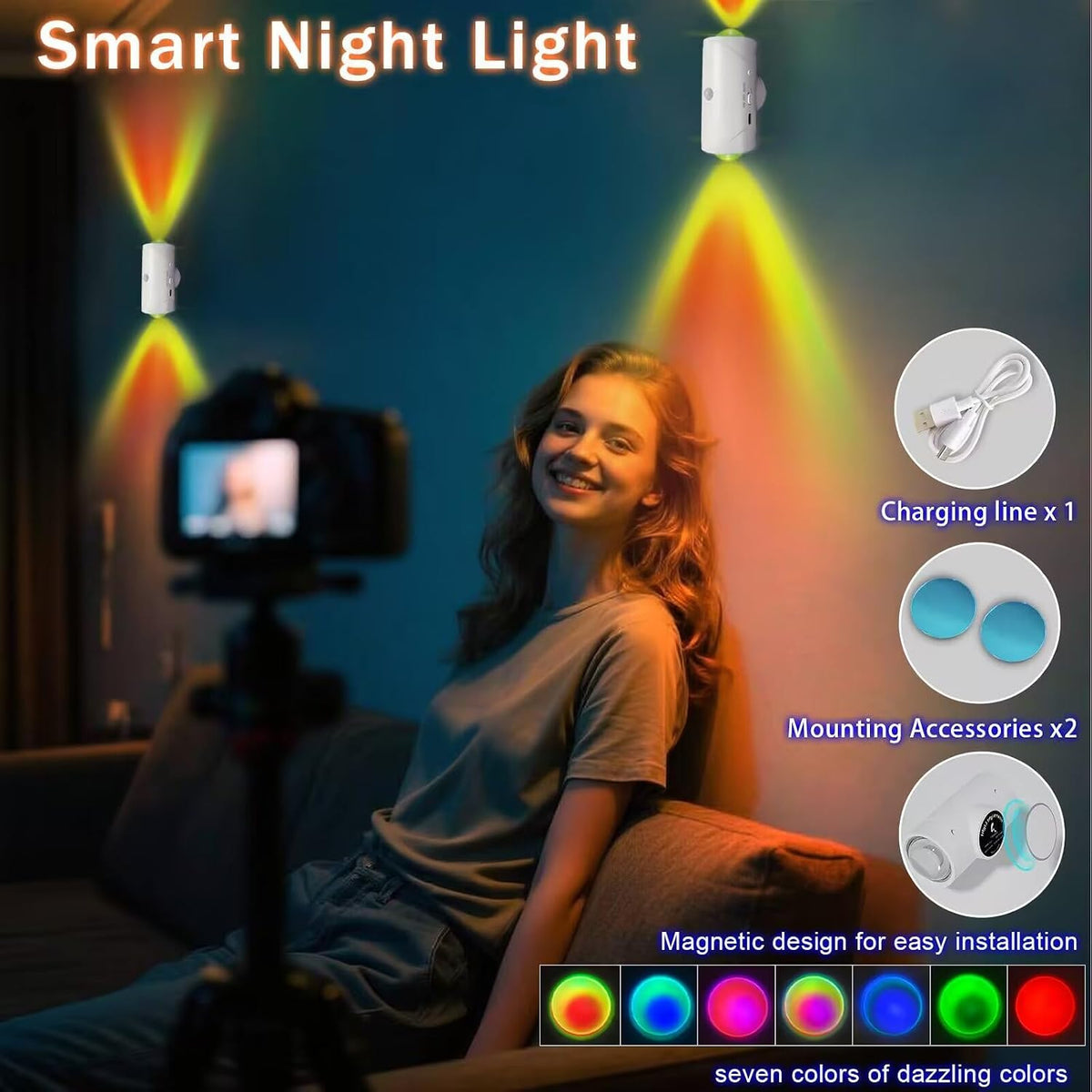 Rechargeable Motion Sensor Light Indoor, Magnetic RGB Wall Sconces 2 Pack | 7 Color Motion Sensor Night Light, 1500mAh