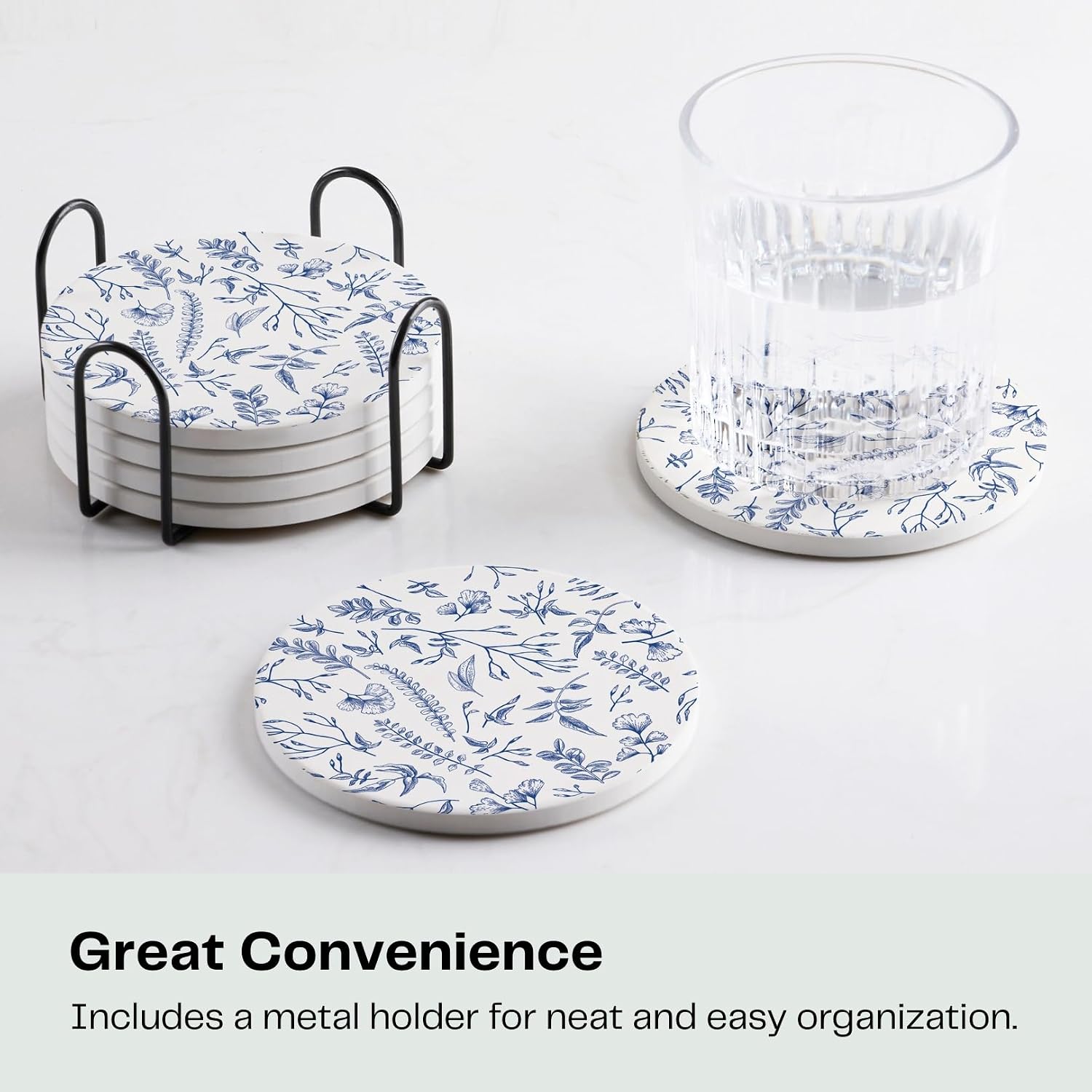 Holder / Absorbent Ceramic Drink Coasters / Blue and White / Set of 6