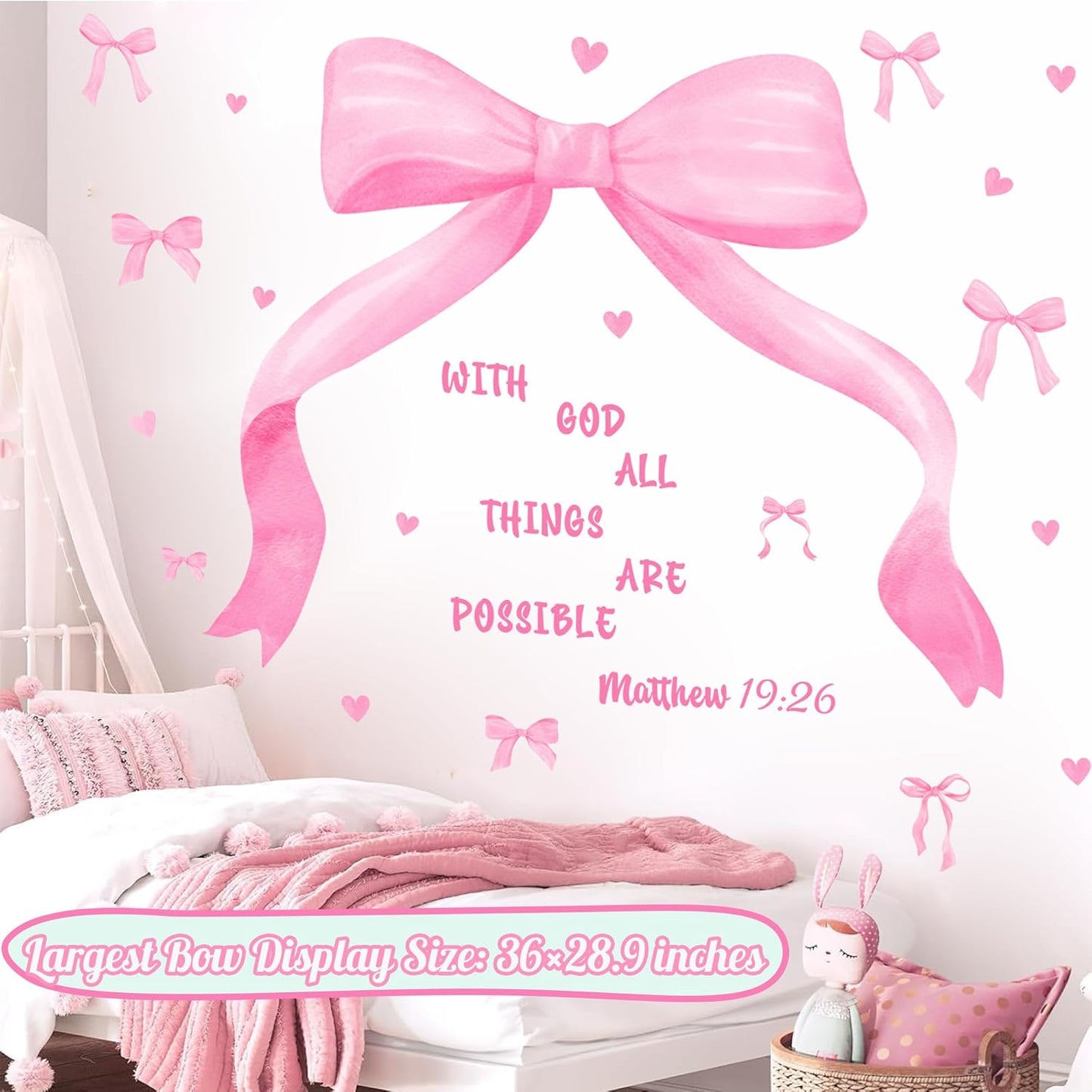 Large Watercolor Girls Room Wall Decals Pink Bow Wall Stickers Peel and Stick Pastel / Pink Bowtie