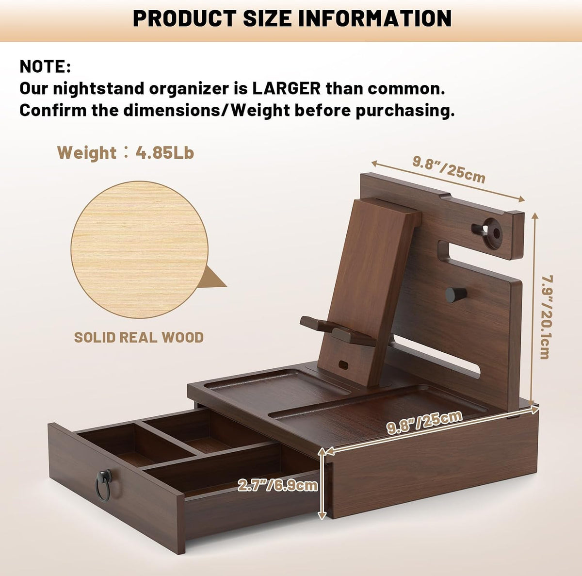 Wood Phone Docking Station, Nightstand Organizer with Drawer | Bedside Table Organizer for Watch & Accessories
