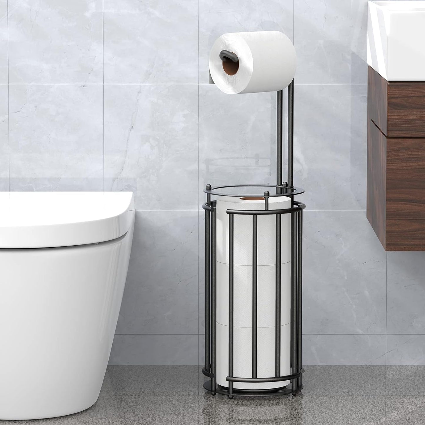 Meangood Toilet Paper Holder Stand and Tissue Paper Roll Dispenser for 4 Mega Rolls, Bathroom Free Standing Tissue Roll