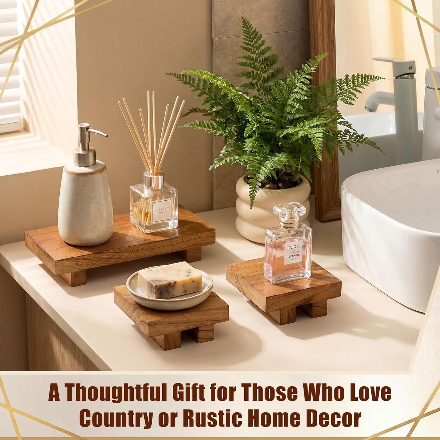 Wooden Risers for Display Paulownia Wood Pedestal Stand Bathroom Kitchen Counter / Brown / Set of 3