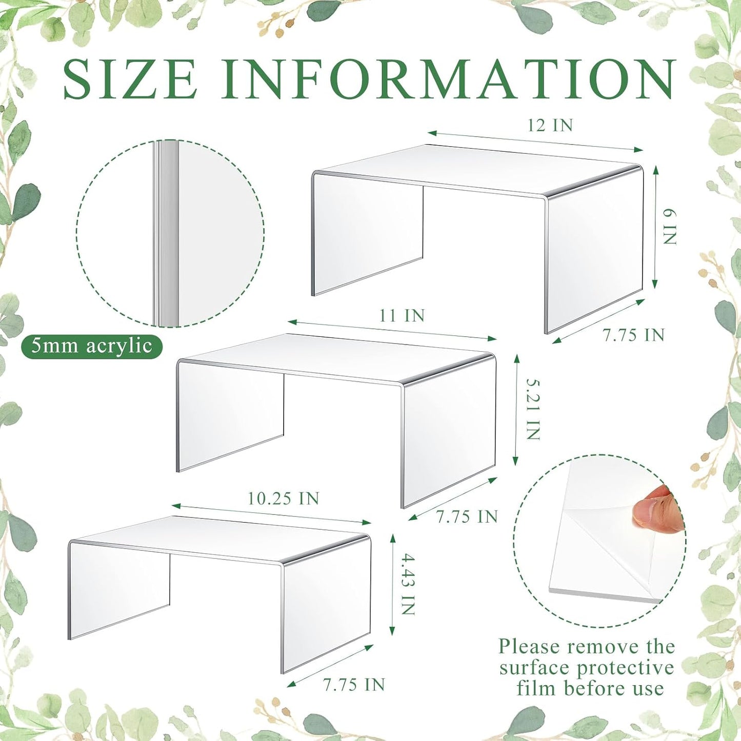 RattanView 3 Pcs Extra Large 12,11,10.25 Inch Acrylic Display Risers Clear Acrylic Shelf Riser Display Stands 5 mm
