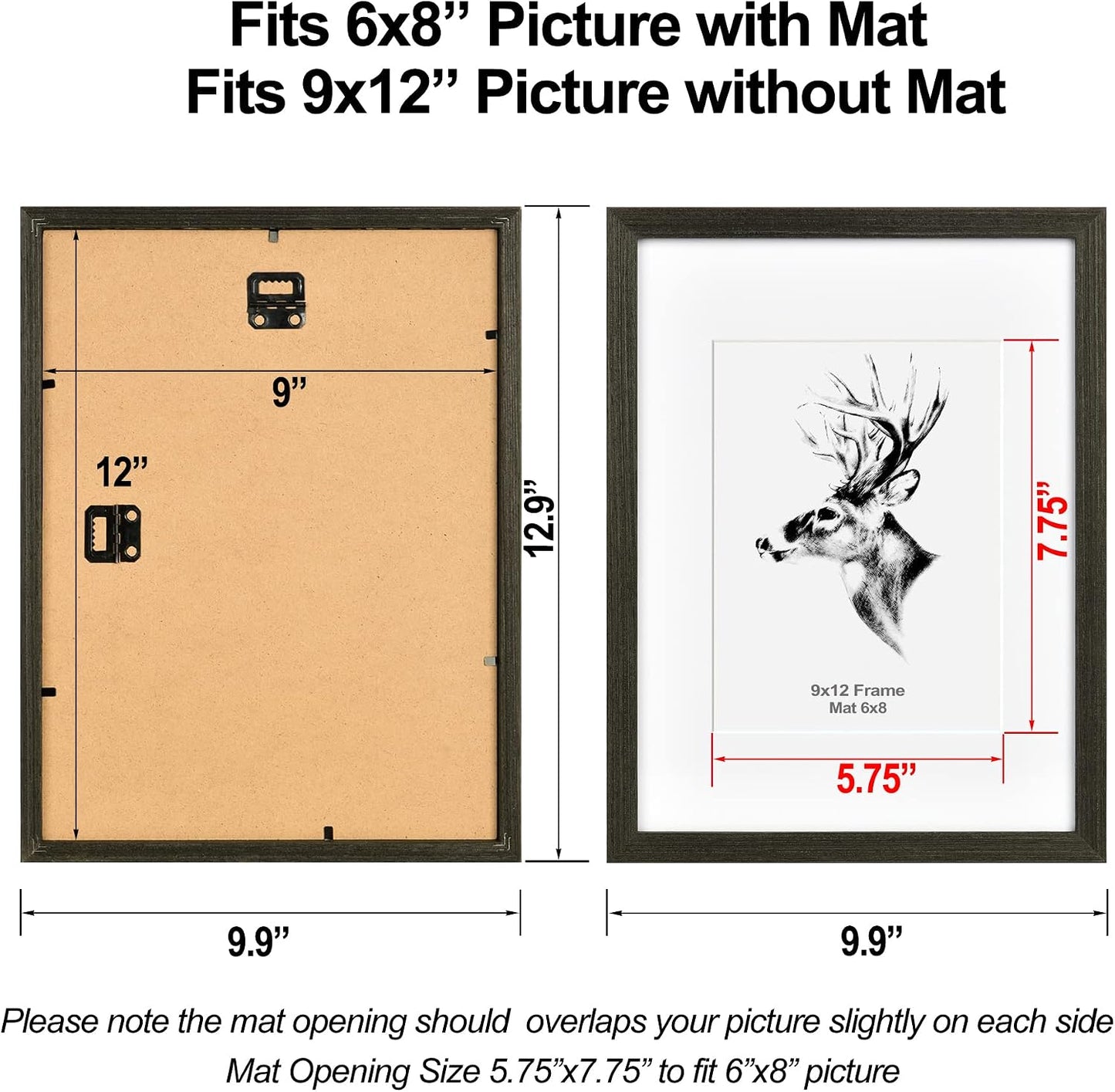 Yaetm 9x12 Black Picture Frame with Mat for 6x8 Set of 4, Solid Wood Photo Frames with Tempered Glass, 9 by 12 Frames