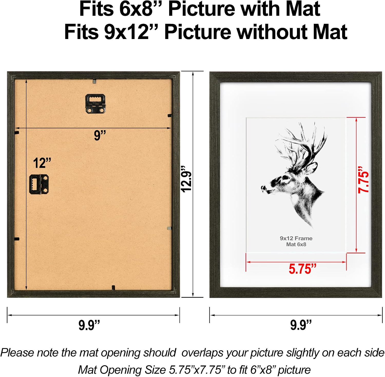 Yaetm 9x12 Black Picture Frame with Mat for 6x8 Set of 4, Solid Wood Photo Frames with Tempered Glass, 9 by 12 Frames