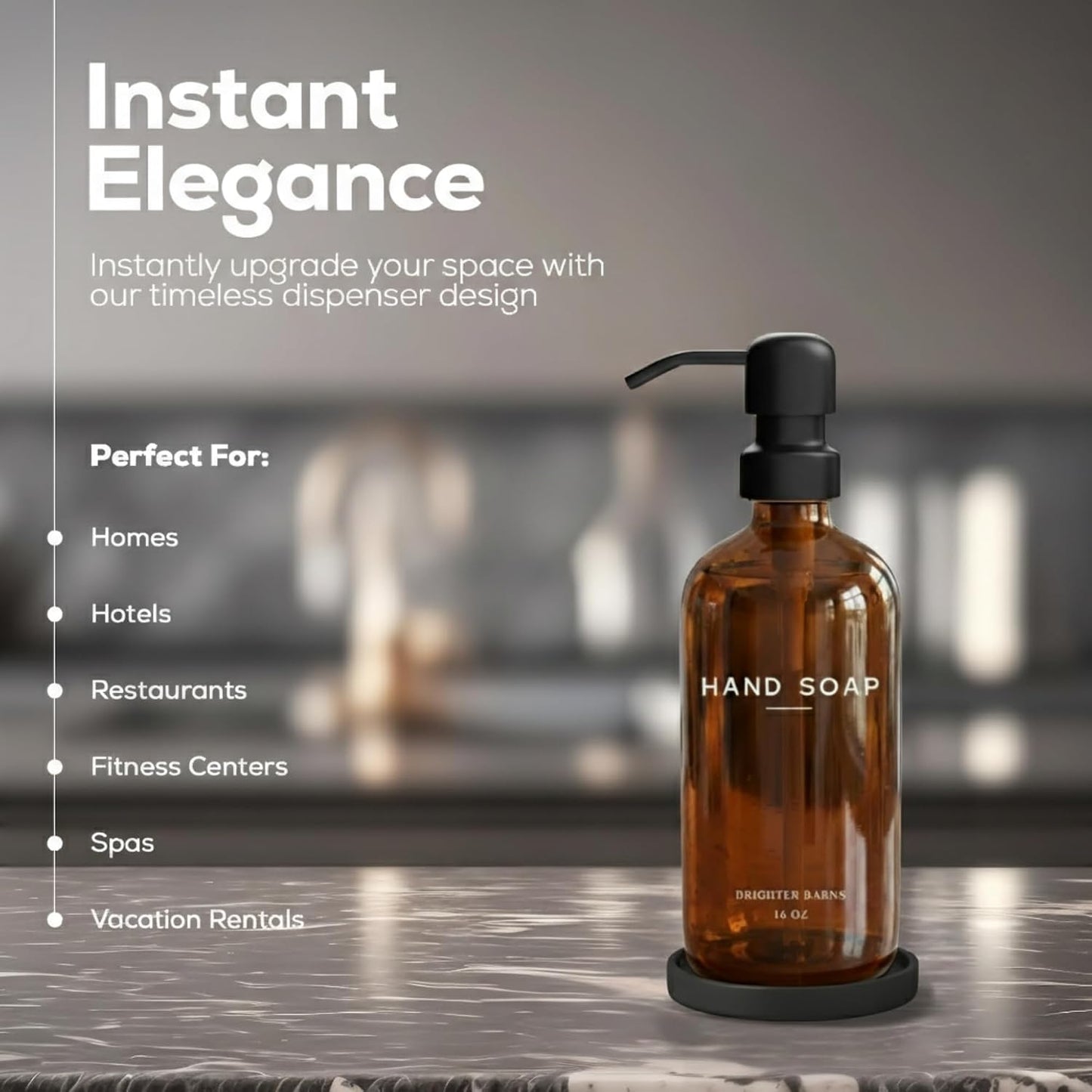 Amber Glass Hand Soap Dispenser Bathroom Set by Brighter Barns - Refillable Liquid Hand Soap Dispenser Tray and Pump