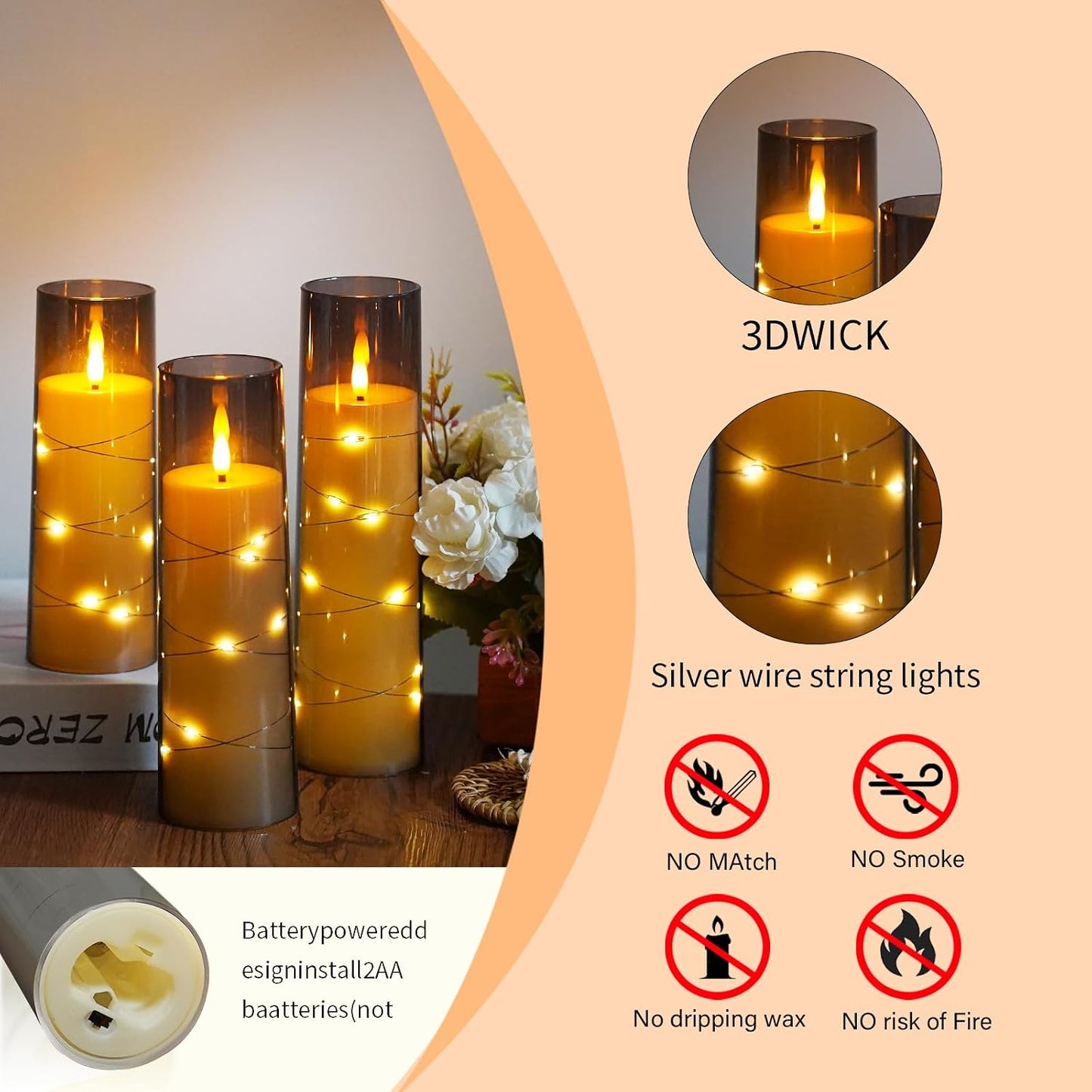 Flameless Candles,with Embedded Star String, Battery Operated Candles Flickering LED Pillar Candles with Remote Control