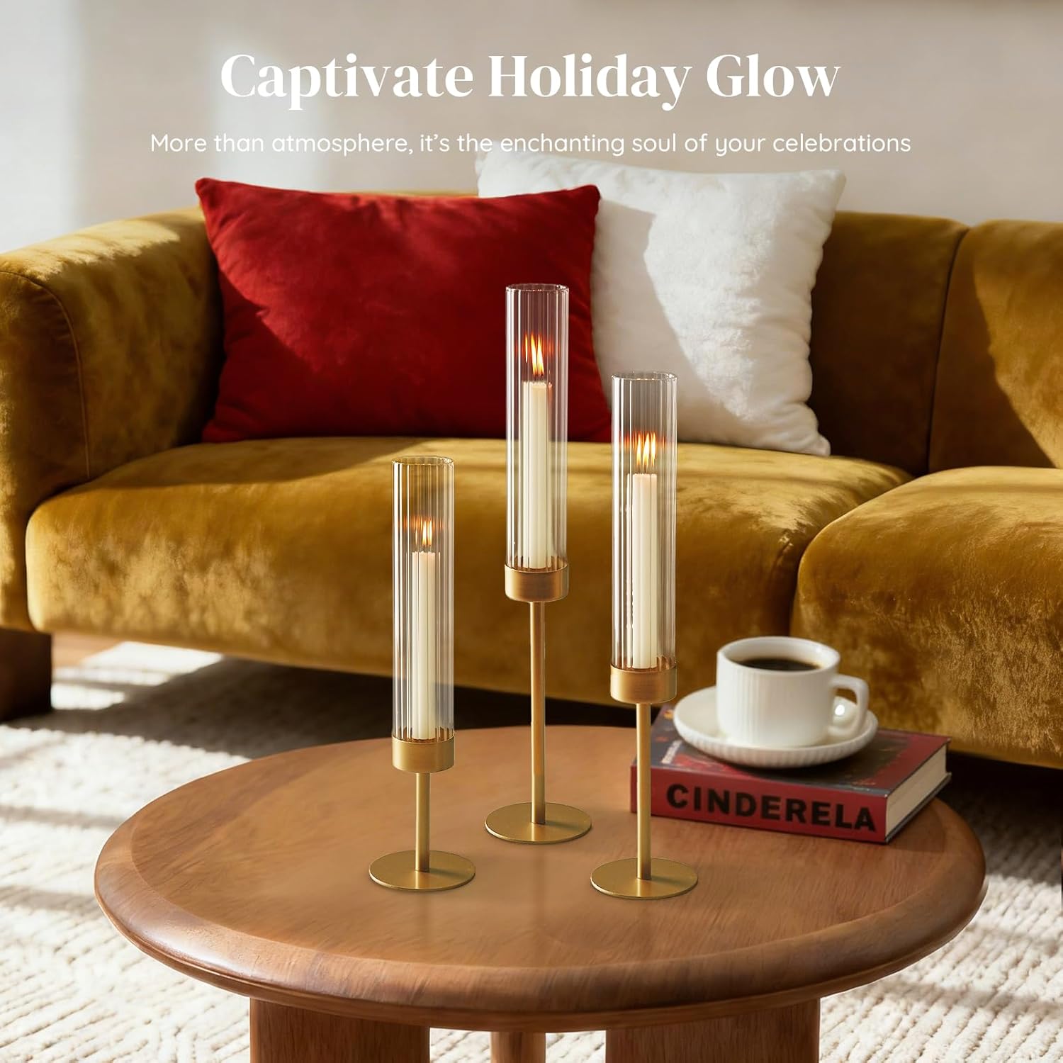 Glasseam Hurricane Gold Candlestick Holders: 6Pcs Taper with Glass Cylinder | Brass Candle Stick, Ribbed, Fluted Shade