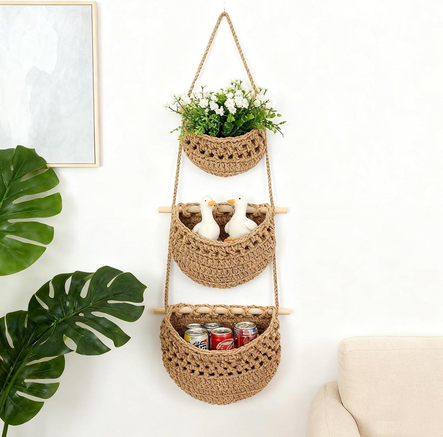 3 Tier Cotton Woven Wall Basket / Beige / 32 Inch