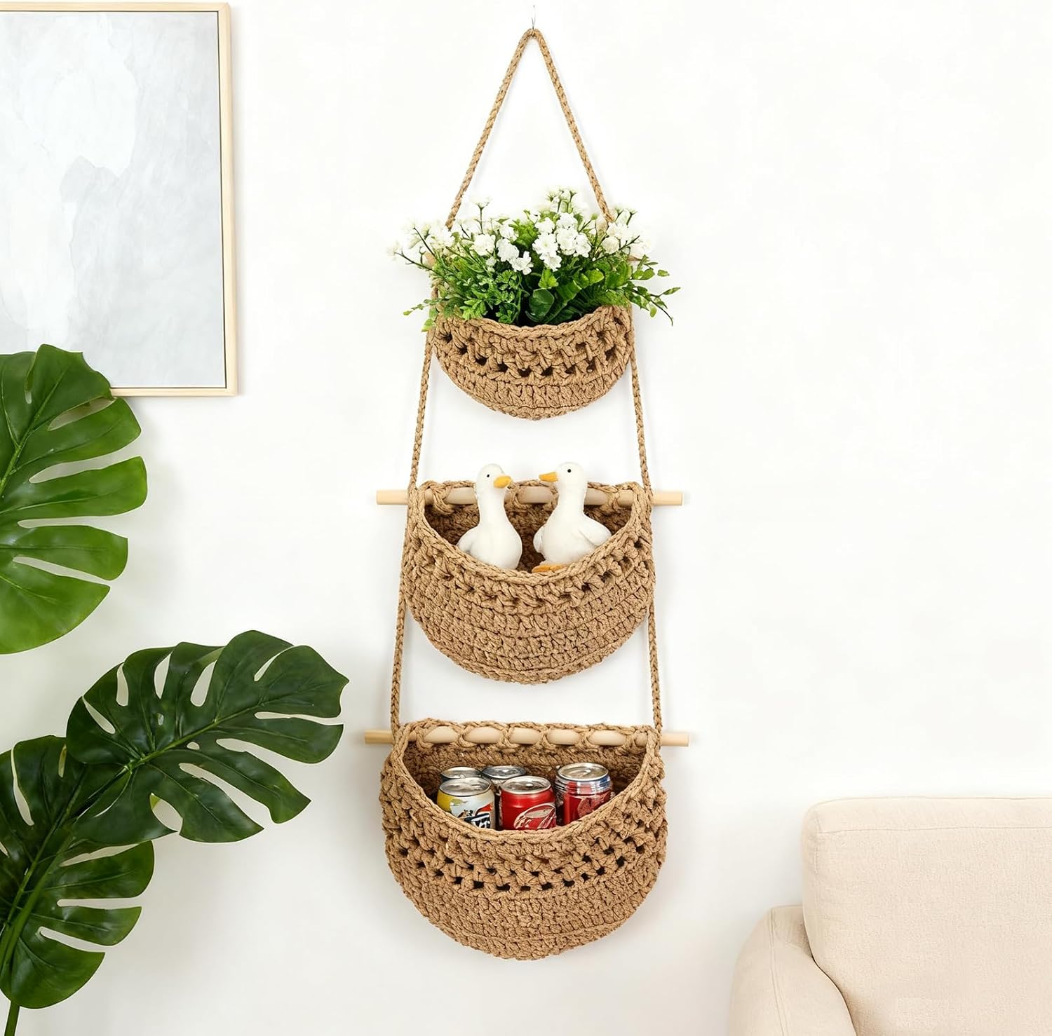 3 Tier Cotton Woven Wall Basket / Beige / 32 Inch