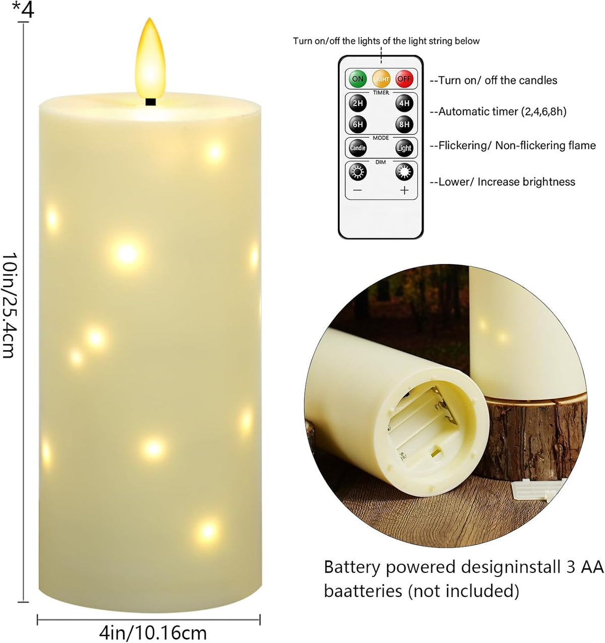 kakoya 10" x 4" Large Outdoor Waterproof Flickering Flameless Candles with Timer,4Pcs Battery Operated LED Pillar