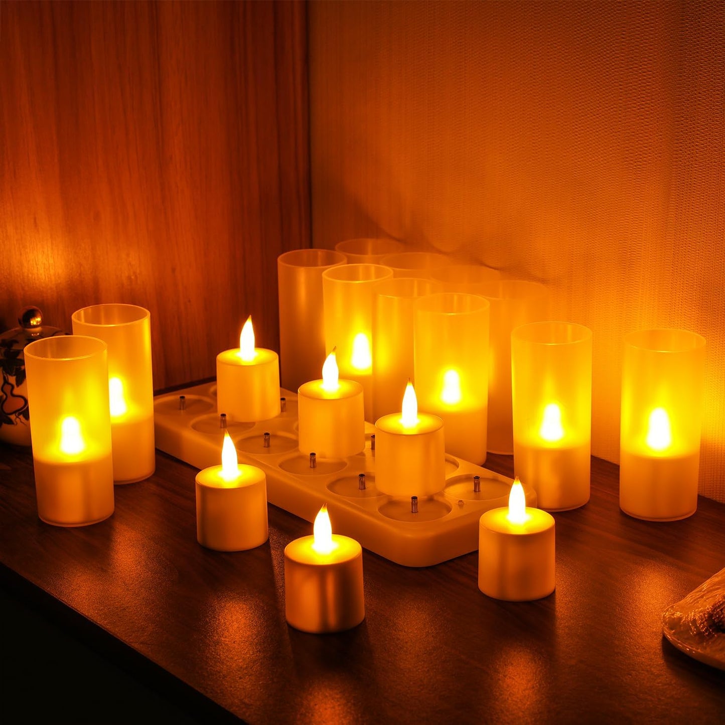 WoneNice 12 pcs Rechargeable Flameless Tealight Candles with Remote & Timer | Battery-powered LED Tealight w/ Charging