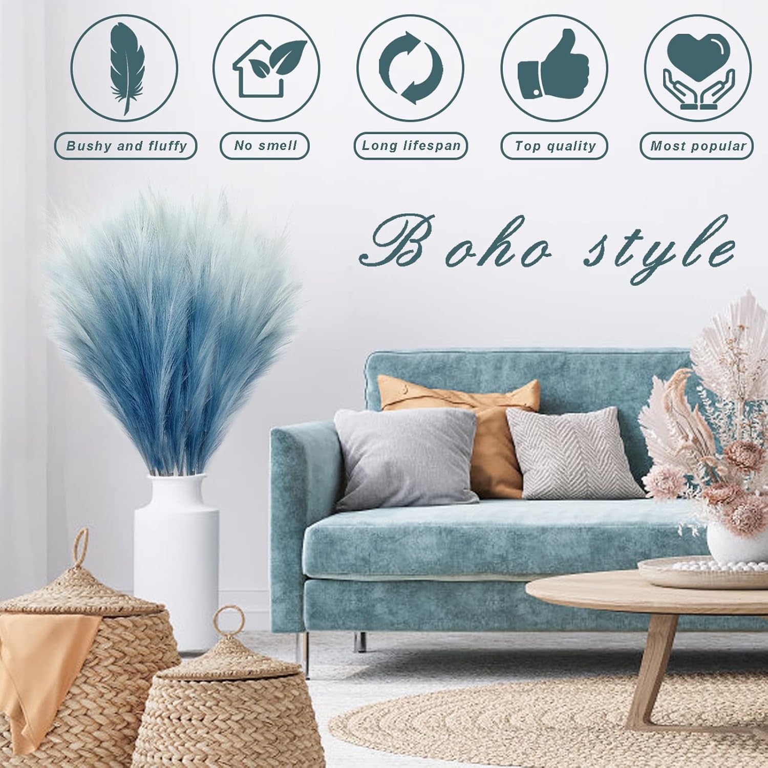 Fluffy Artificial Bulrush Branches Boho Decor / Blue / Set of 8