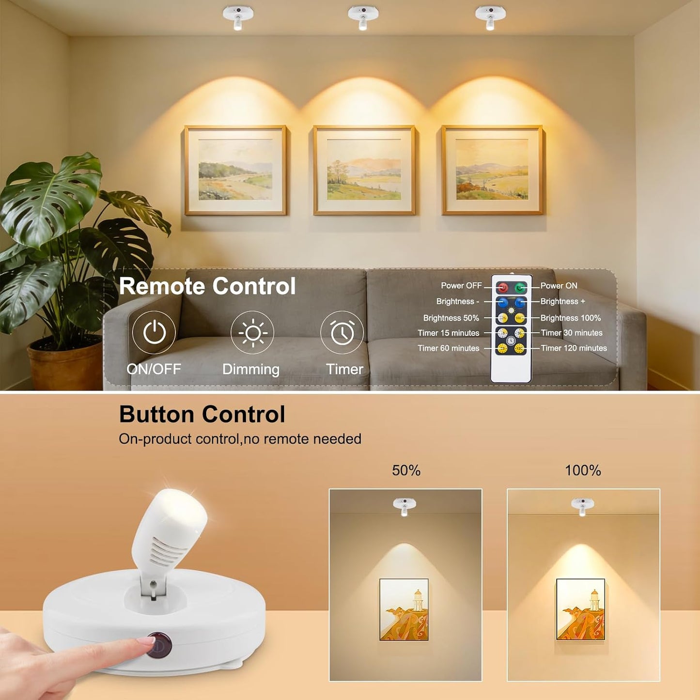 HONWELL Wireless LED Spotlights 2 Pack Accent Light Puck Lights with 2 Remote, Indoor Closet Lights with Rotatable