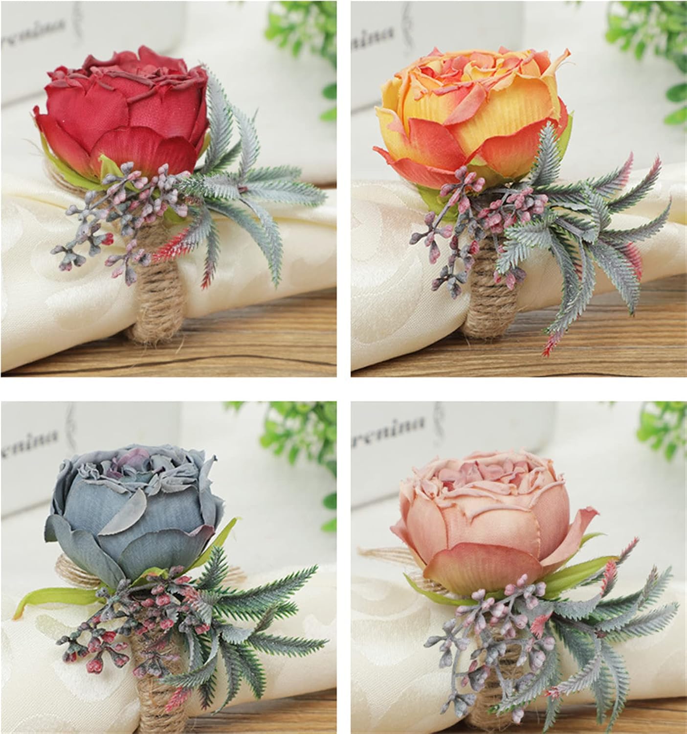 Floral Napkin Rings Set of 6,Rustic Rose Napkin Rings Flower Dinner Napkin Holder for Table Decoration(26#RED)
