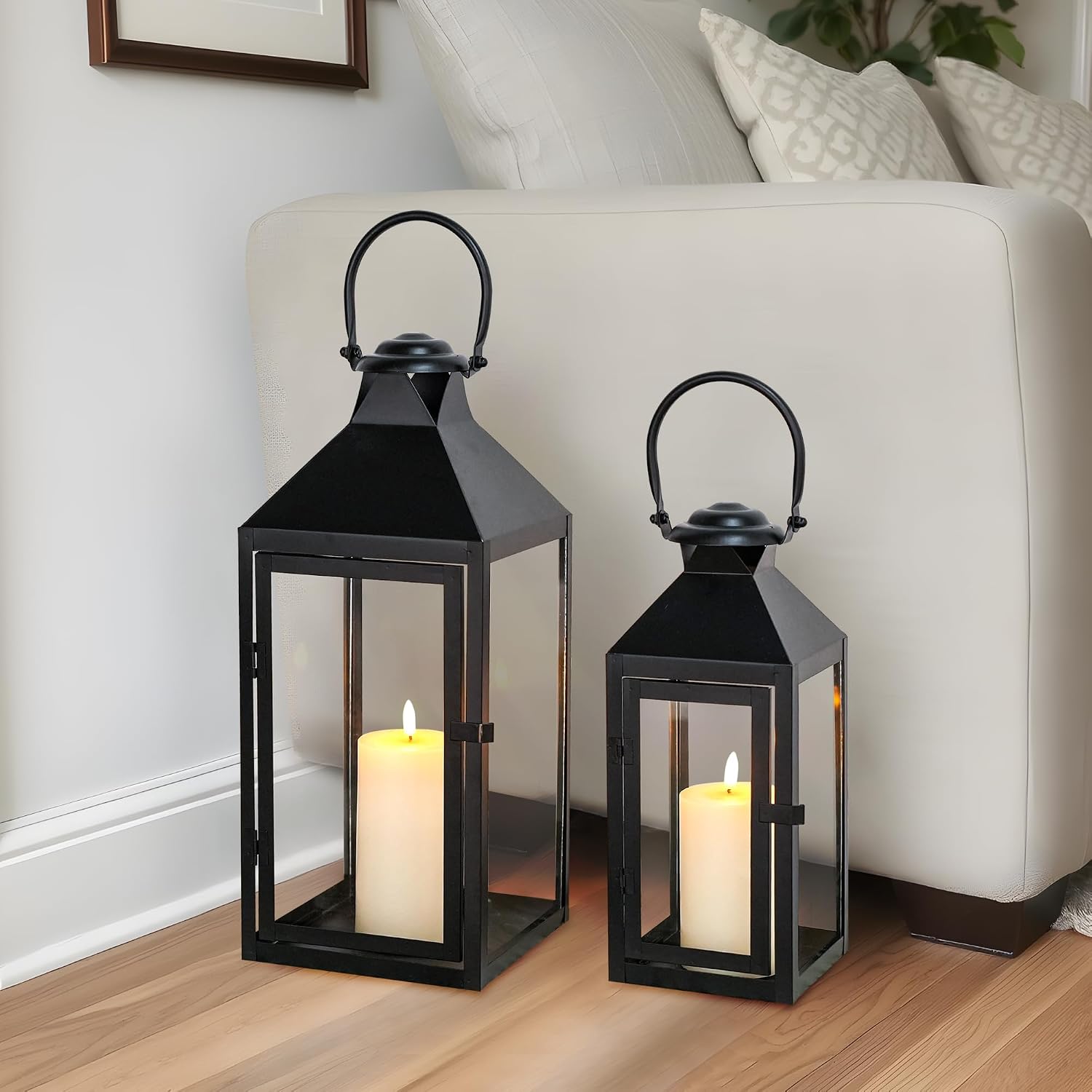 JHY DESIGN Set of 2 Black Decorative Lanterns 17.5inch&13.5inch Metal Candle Lanterns for Indoor Outdoor Events Paritie