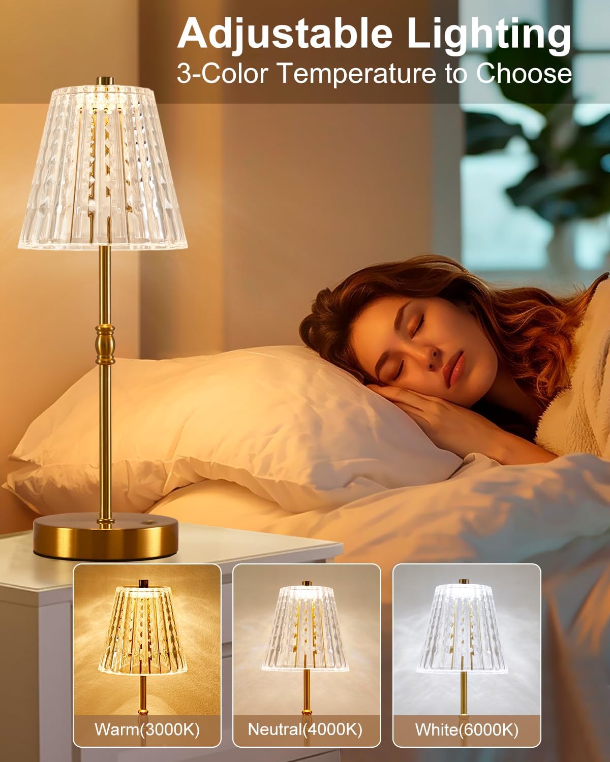 Cordless Crystal Lamp Battery Operated Touch Dimming 5000mAh Table Lamps | 3 Colors Modes, Rechargeable LED, Sepless