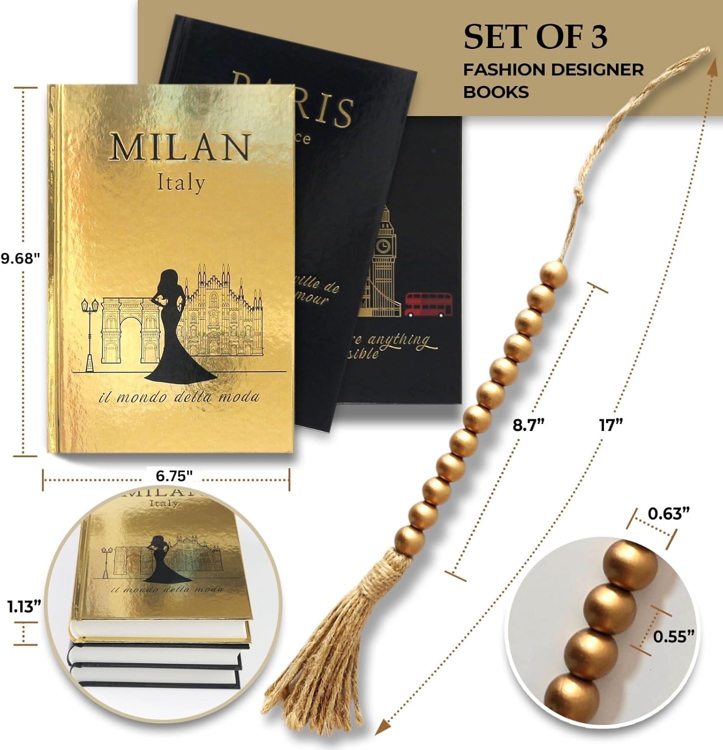 Decorative Books / Golden Garland Bead / Black / Set of 3