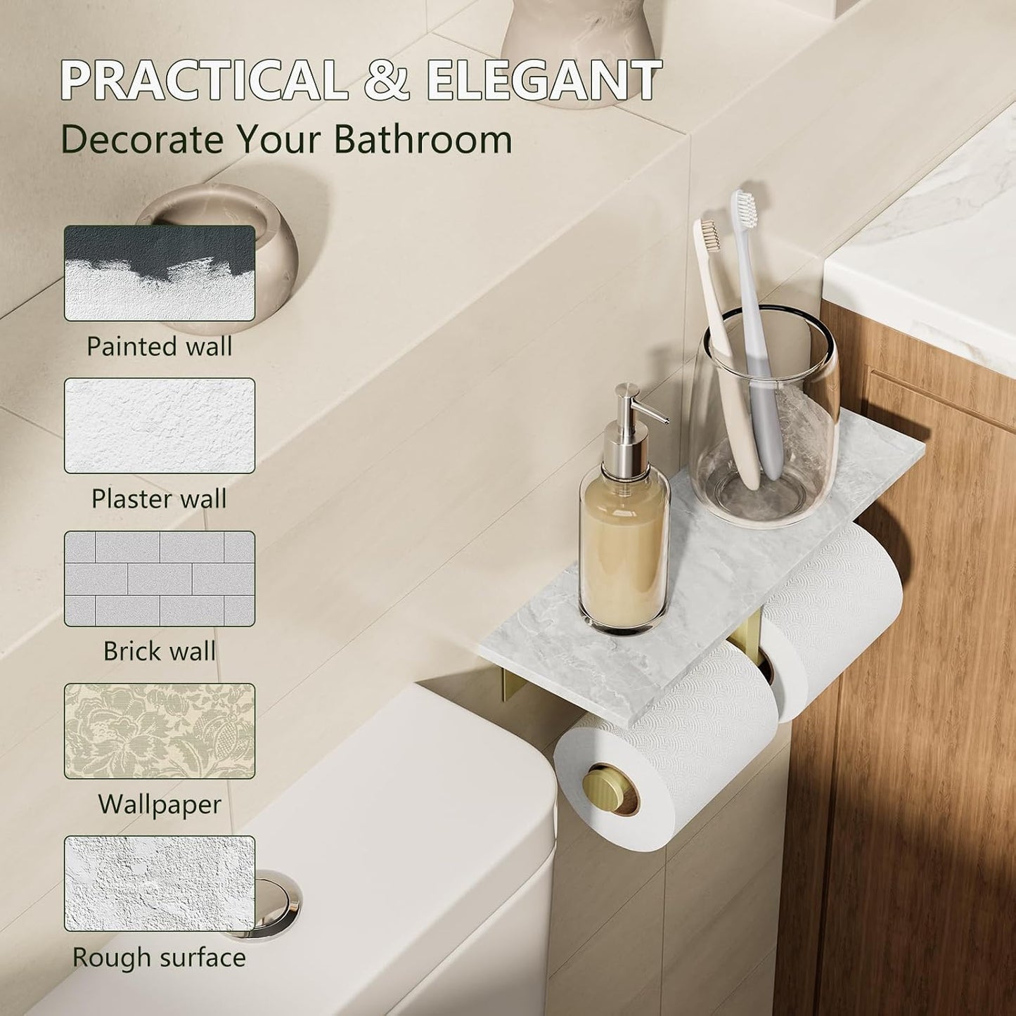 Marble Toilet Paper Holder with Shelf Doulble Bathroom Tissue Roll Holder | Brushed Gold 304 Stainless Steel Toilet