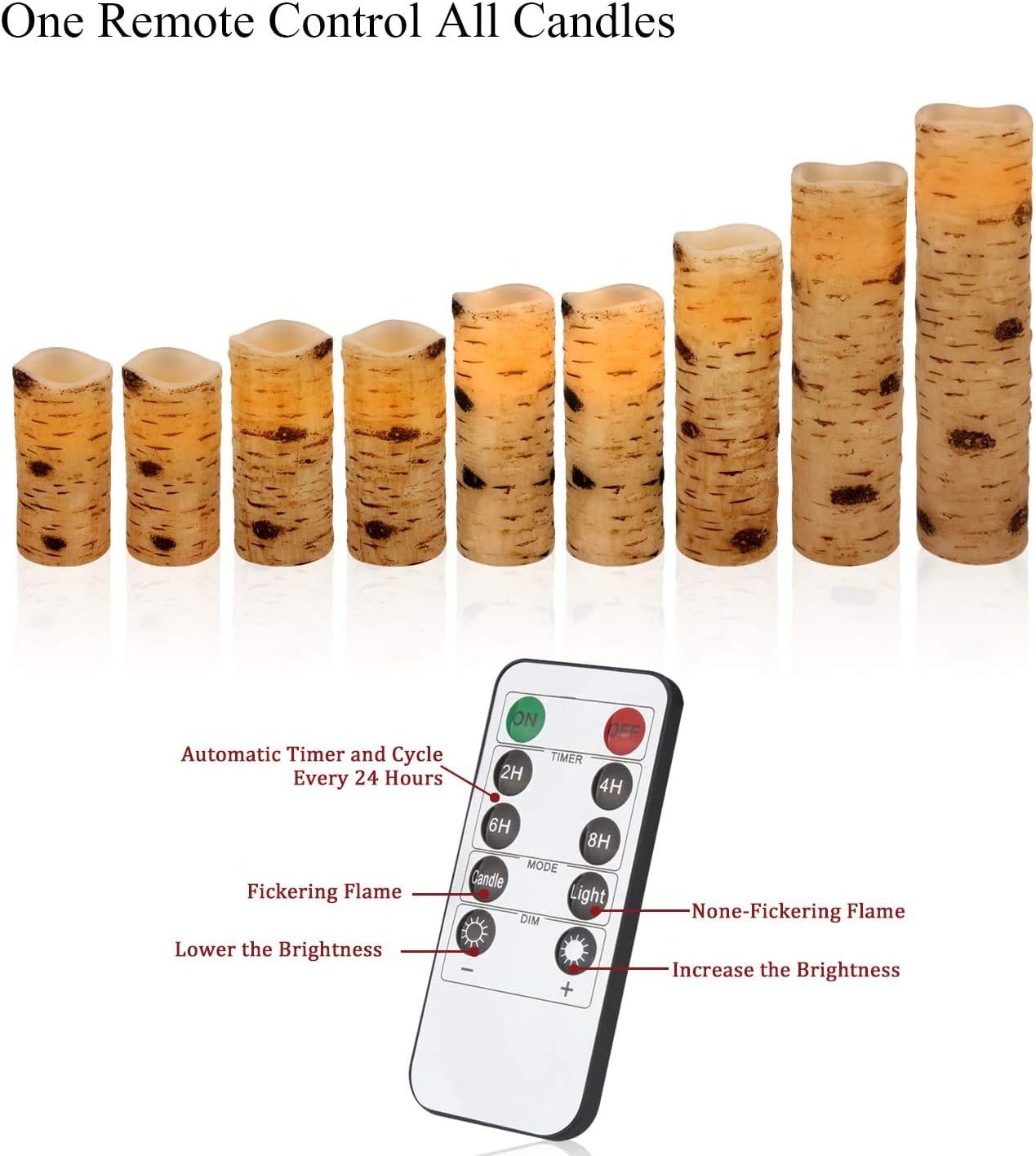Flameless Flickering LED Candles with Birch Bark Effect - Set of 9 Battery-Operated Real Wax Pillar with 10-Key Remote