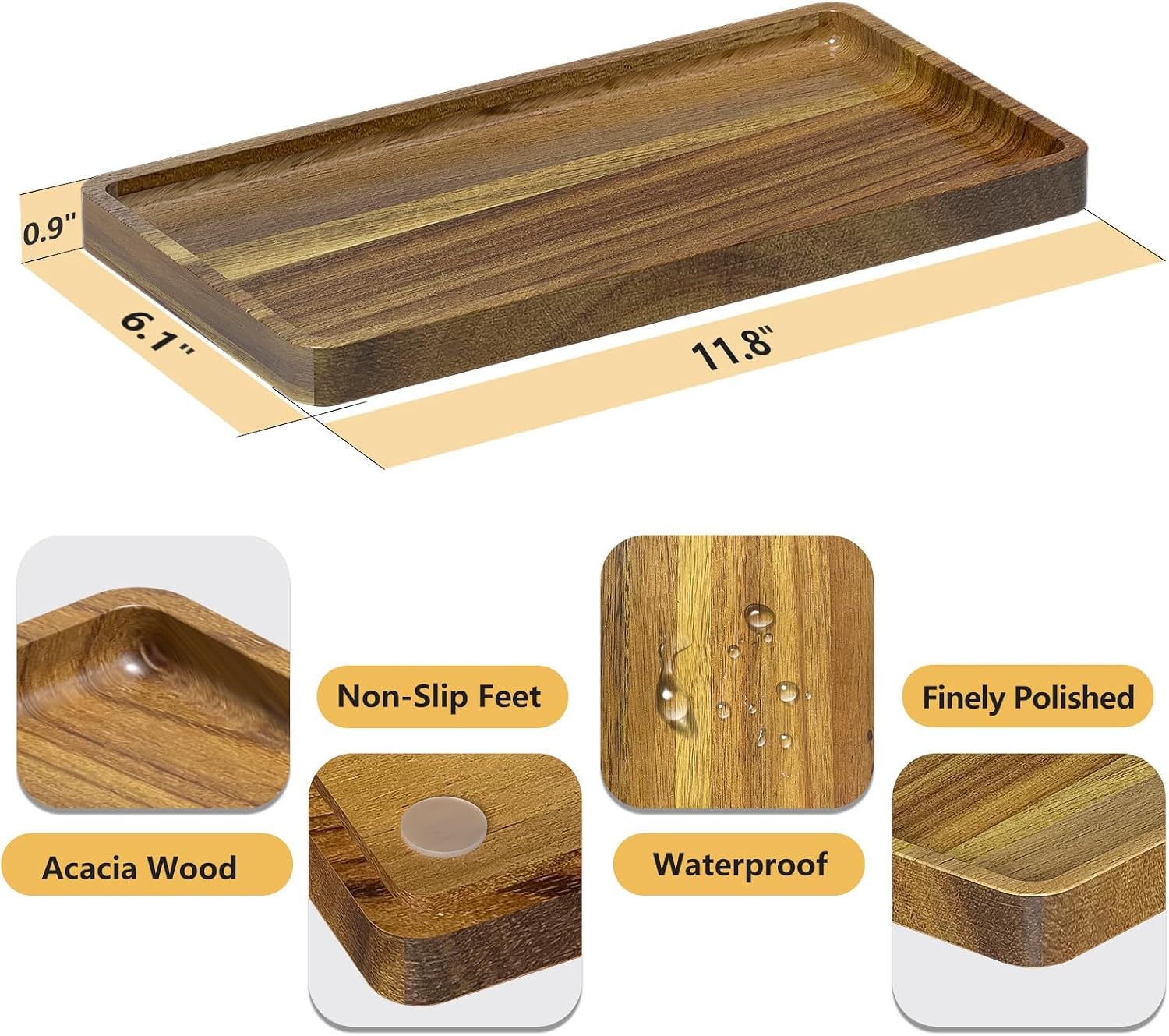 Wood Bathroom Vanity Tray for Soap Dispenser / Acacia / 11.8 x 6.1 x 0.8