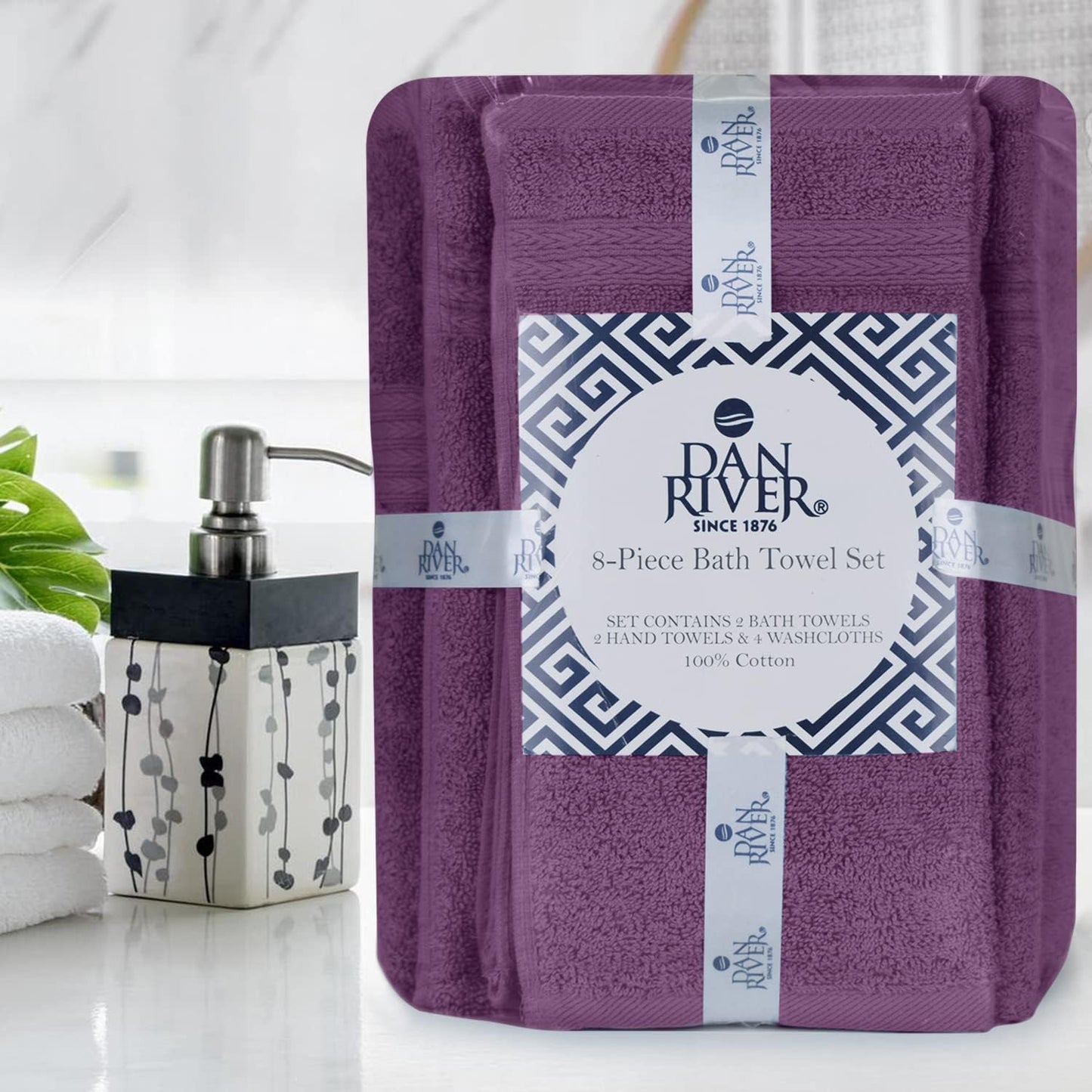 DAN RIVER 8 Piece Luxury Bath Towels for Bathroom, Towel Set, Purple | 2 Bath towels, 2 Hand towels, and 4 Wash Cloths