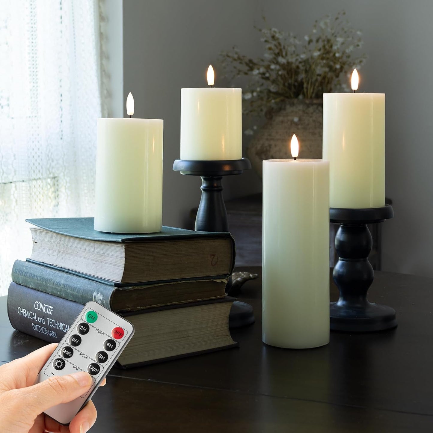 Flickering Flameless Candles, Battery Operated, Remote Timer, Set of 4 | Ivory LED Pillar Candles Flickering, Real Wax