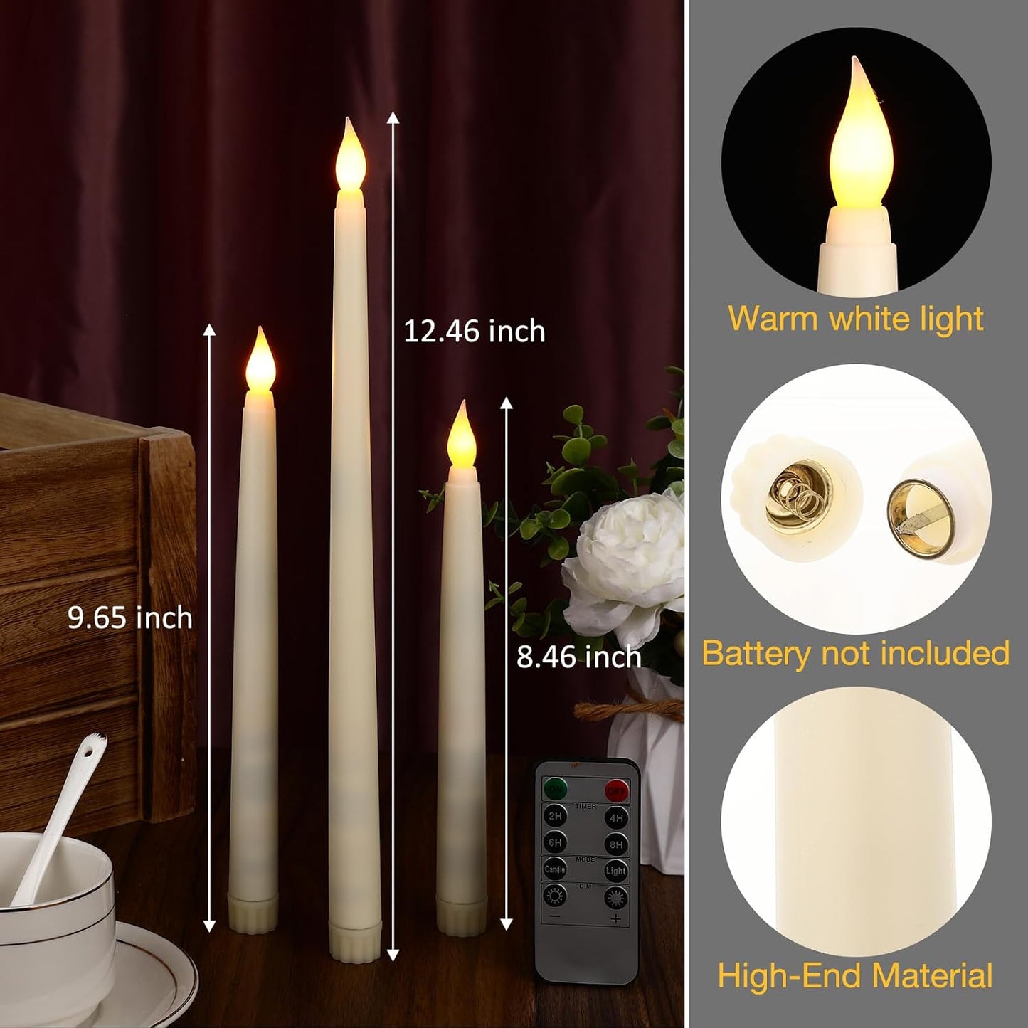 24 Pack 24 Pack Flameless Flicker Taper Candles Bulk with Remote and Timer, Battery Operated LED Warm White Taper