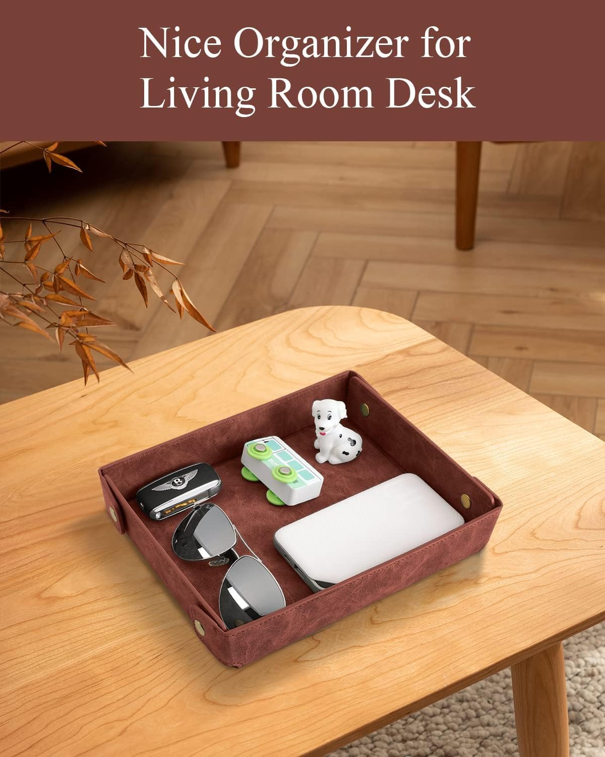 Faux Leather Valet Tray Organizer for Men / Brown / Rectangle