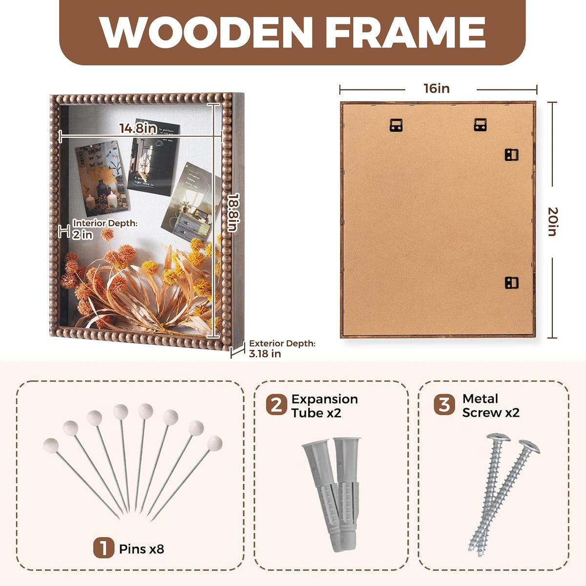 Muzilife 16x20 Shadow Box Pine Wood with Unique Bead Door, 3.18 Deep, Brown | FSC- Solid Pine | Tempered Glass