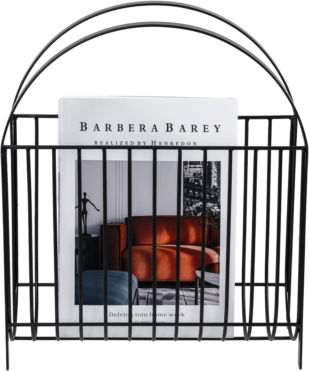 MyGift Mid Century Black Metal Wire Magazine Rack Floor or Tabletop | Mid Century Design, Matte Finish, Sling Basket