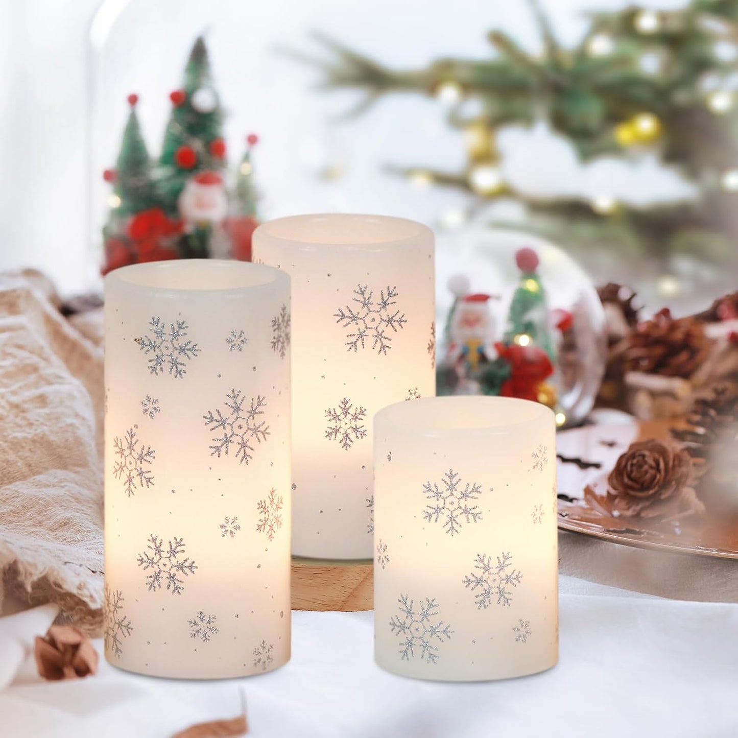 Silver Snowflake Flameless Candles Battery Operated with 6H Timer | LED Pillar Candles Flickering, Real Wax Warm Light