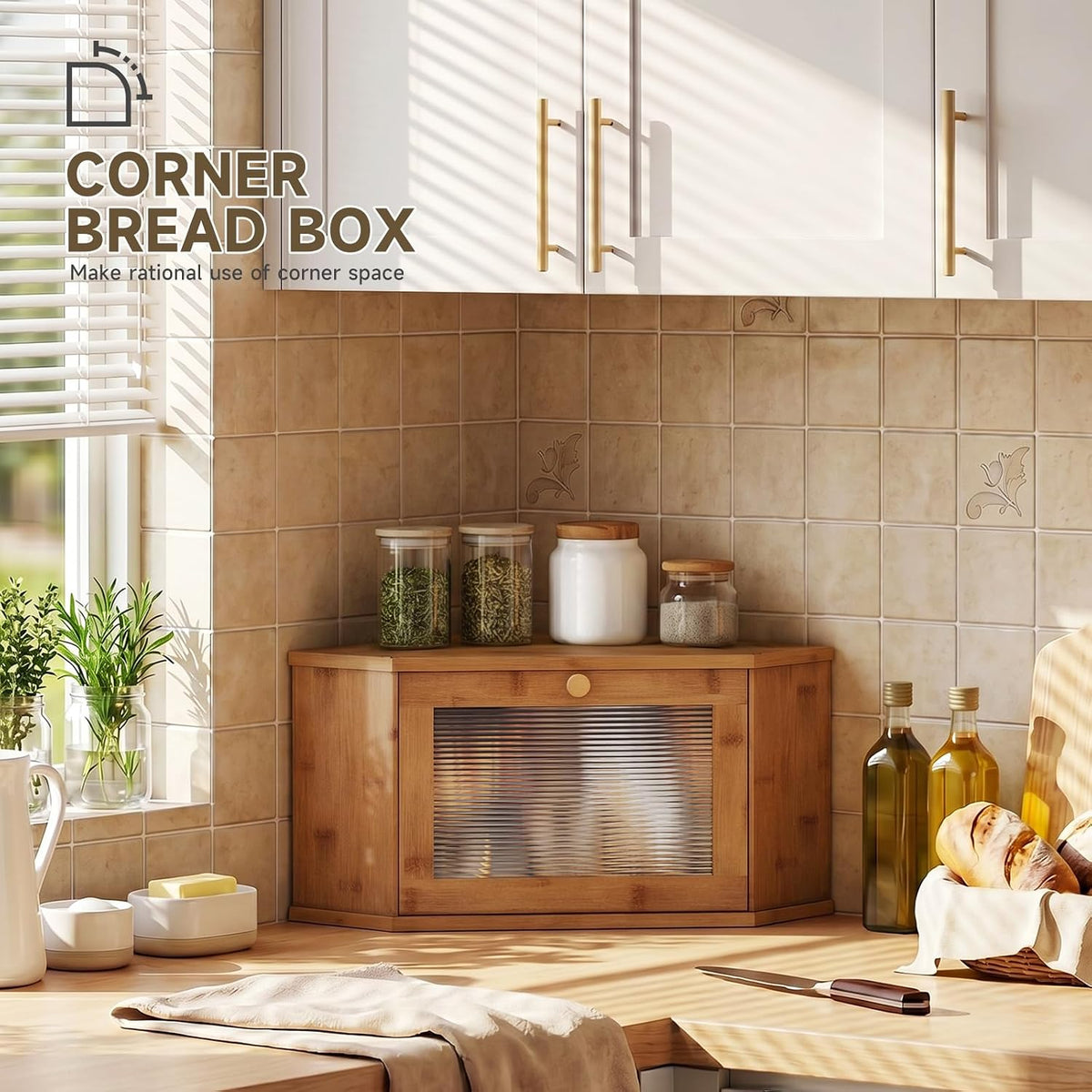 Corner Bread Box For Kitchen Countertop,Bread Storage Bin (Brown, Medium) | Small Bamboo Bread Container,Corner Shelf