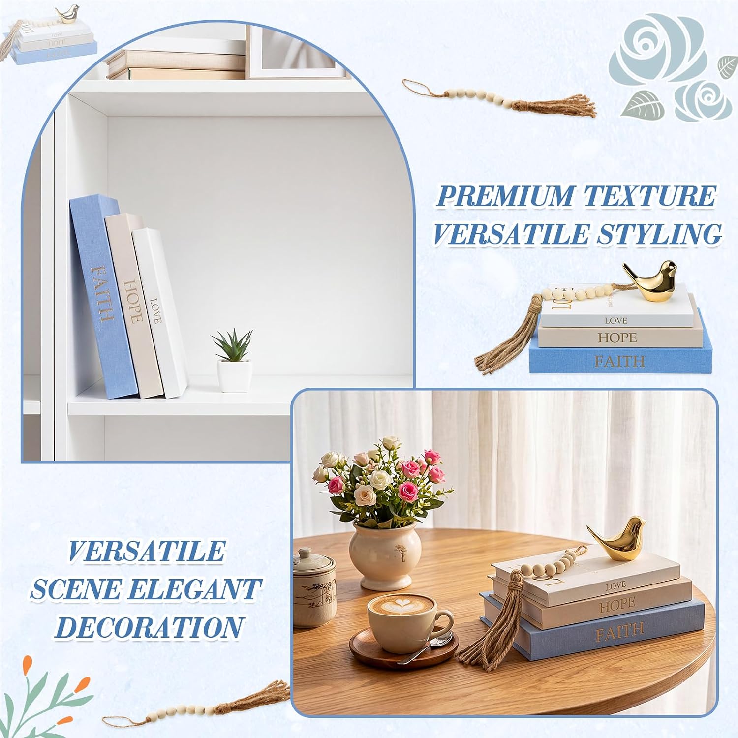 Linen Decorative Books Set Includes Bird and Wooden Beaded Tassel / Soft Colors / Gold / Set of 3