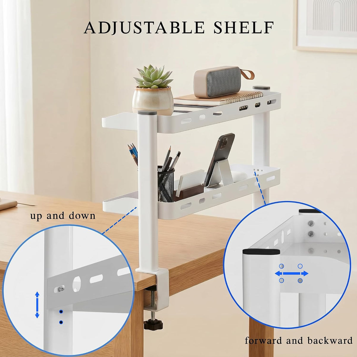Clamp on Desk Shelf White, 2-Tier Office Desk Shelves Organizer, 17in Small Shelf for Top of Desk with Headphone
