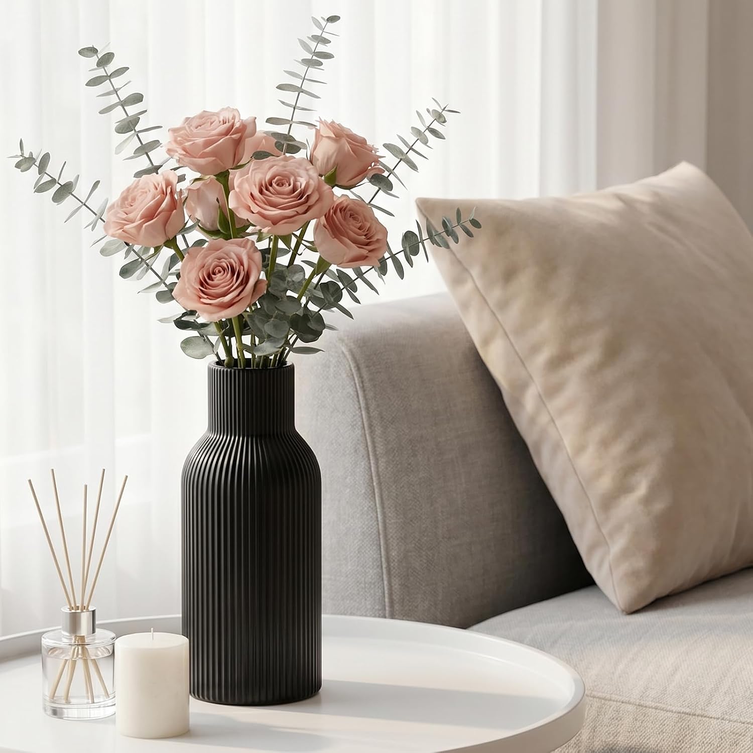 Black Ceramic Tall Vase / 1-piece-set / Medium Black