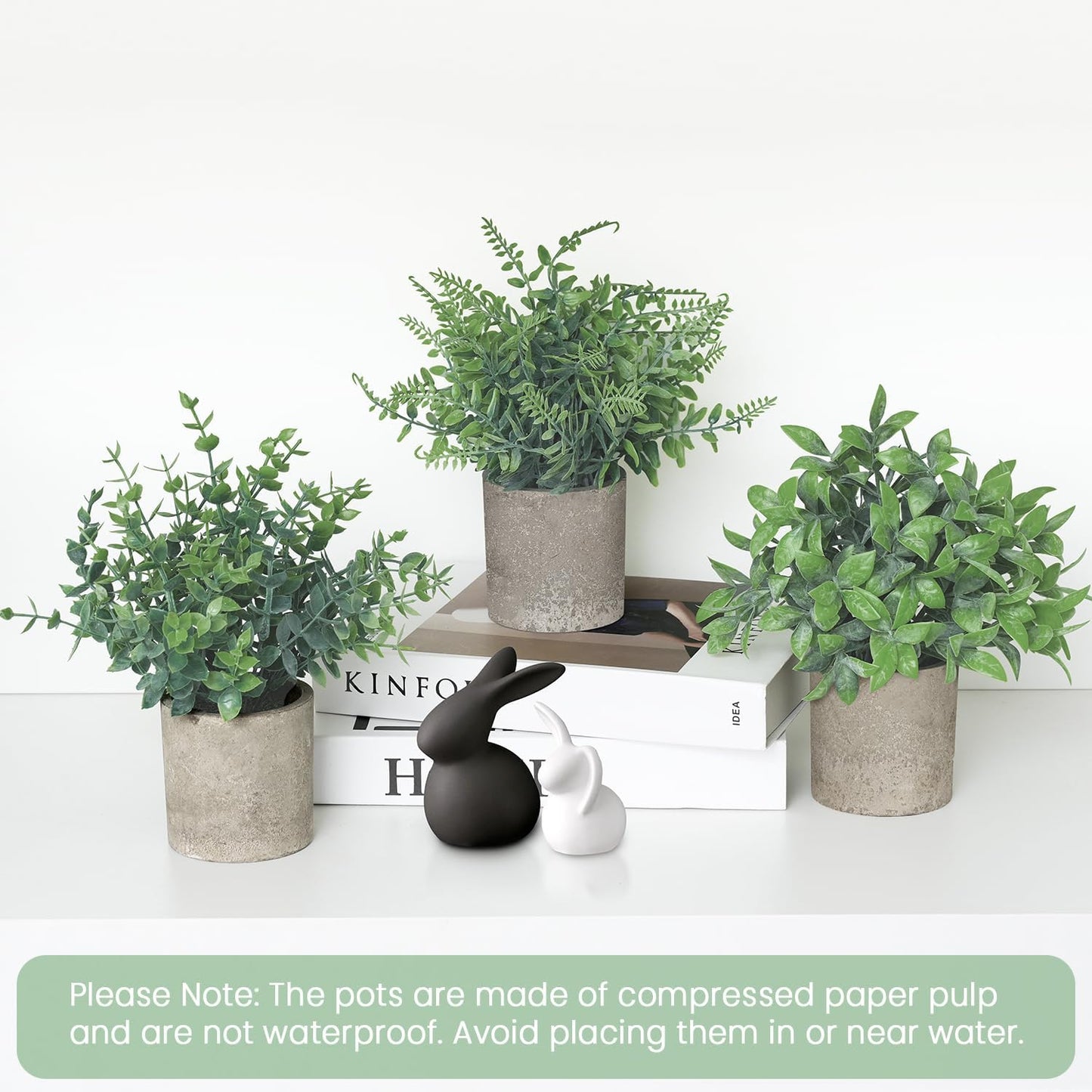 Small Fake Plants / Paper Pulp Pot - Gray / Green Eucalyptus & Boston Fern&boxwood / Set of 3