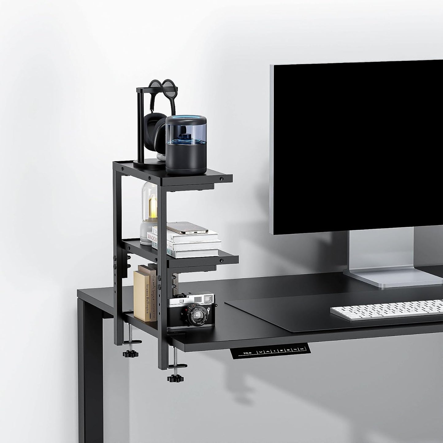 Spacrea 2 Tier Clamp on Desk Shelf | Office Desk Shelves Organizer, Wood Desktop Supplies Storage Rack, Desk Organizers