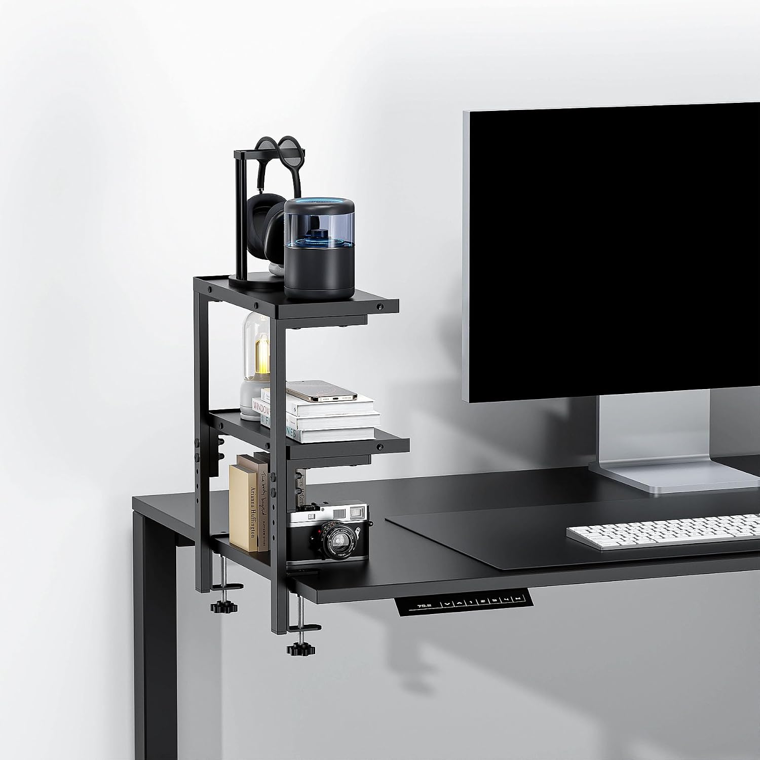Spacrea 2 Tier Clamp on Desk Shelf | Office Desk Shelves Organizer, Wood Desktop Supplies Storage Rack, Desk Organizers