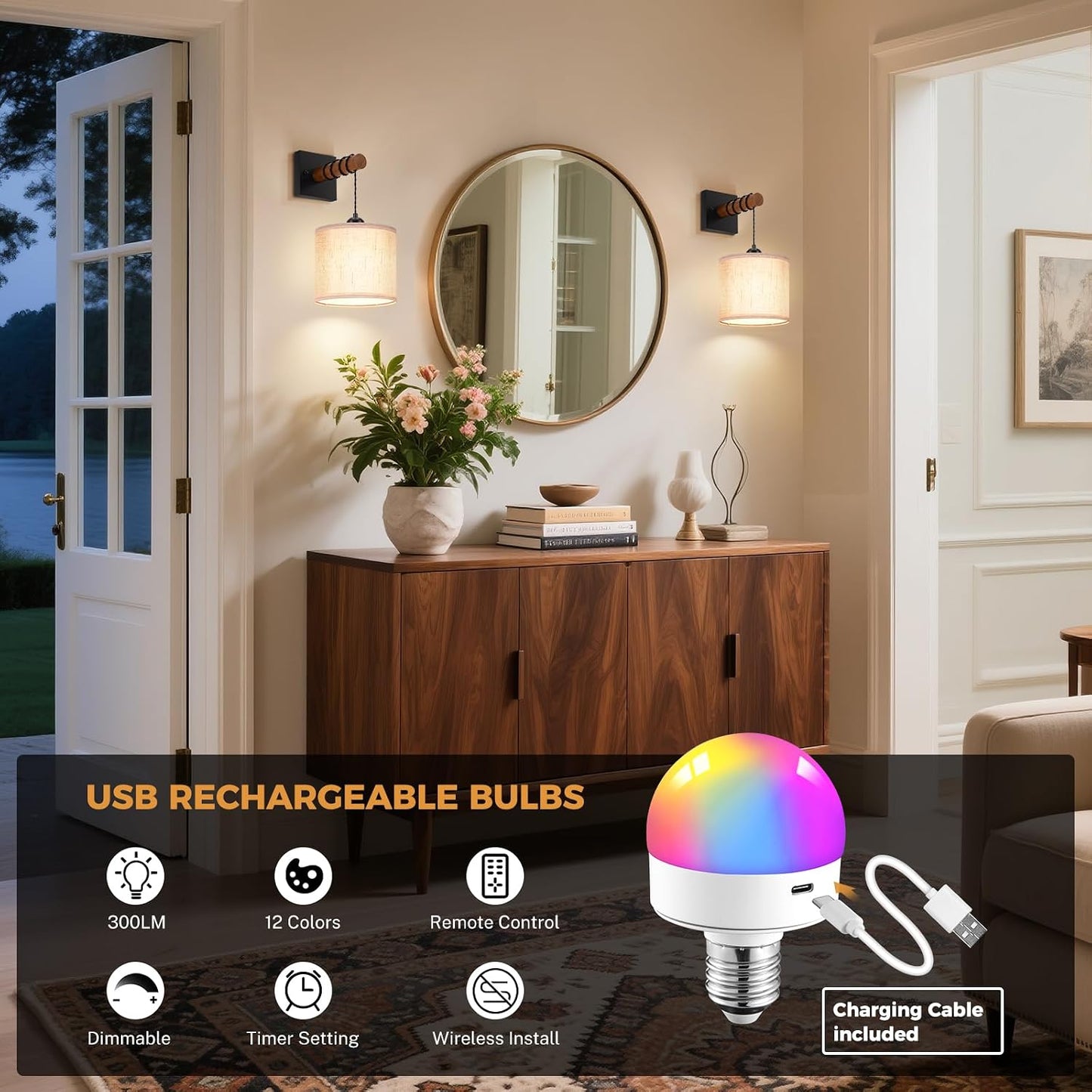 Battery Operated Wall Sconces Set of 2, 8000mAh Rechargeable Sconce RGB 15 Colors Dimmable Wall Sconce Wireless Battery