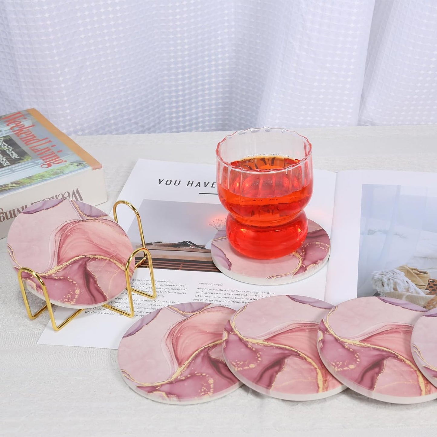 Gold Holder and Cork Base Round Decorative Tabletop / Pink / Set of 6